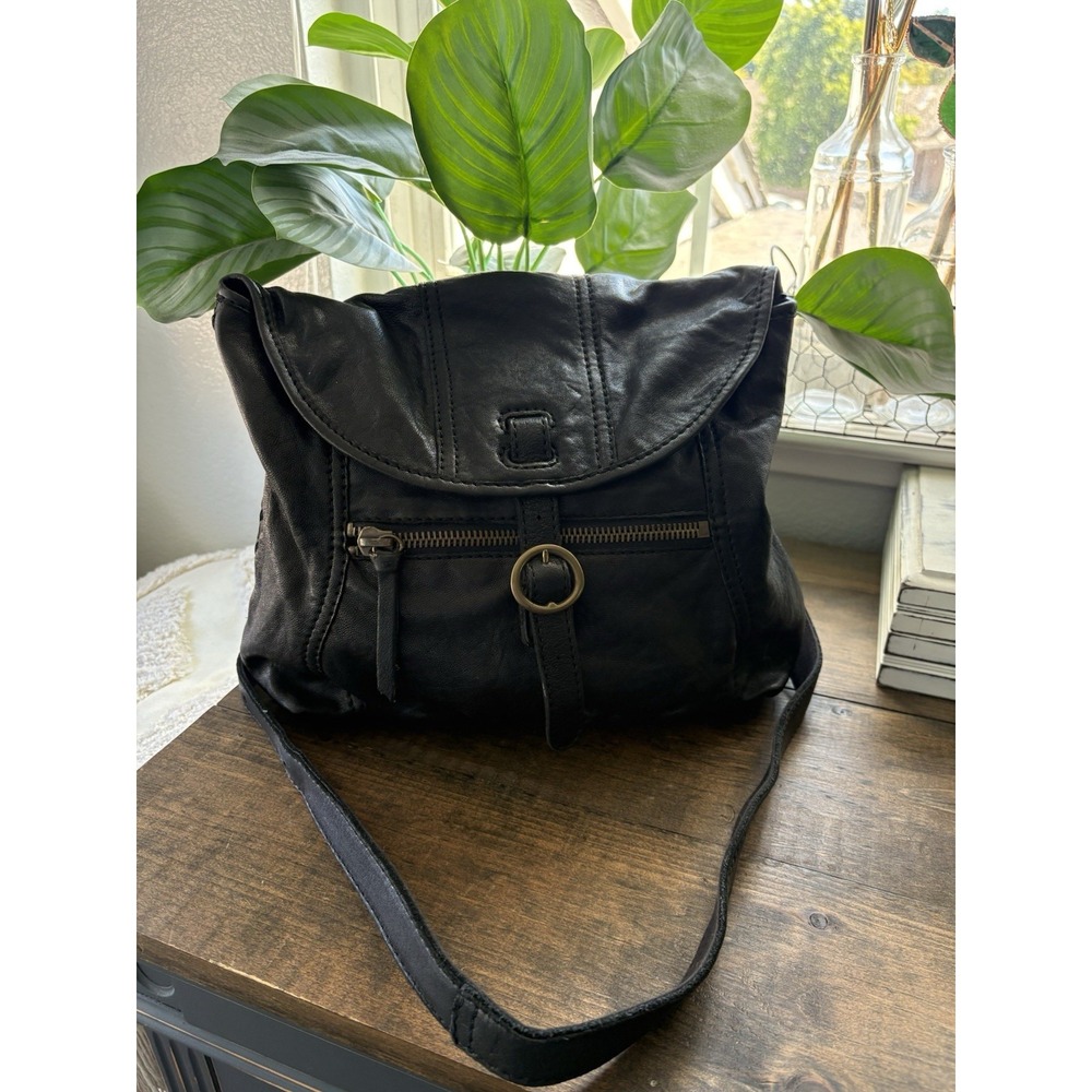 Lucky Brand Vintage Black Braided Fold Over Buckle Lamb Leather Crossbody Bag